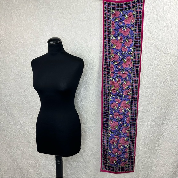 Oscar de la Renta Accessory Street Vintage Silk Oblong Scarf Floral Plaid - Picture 6 of 10